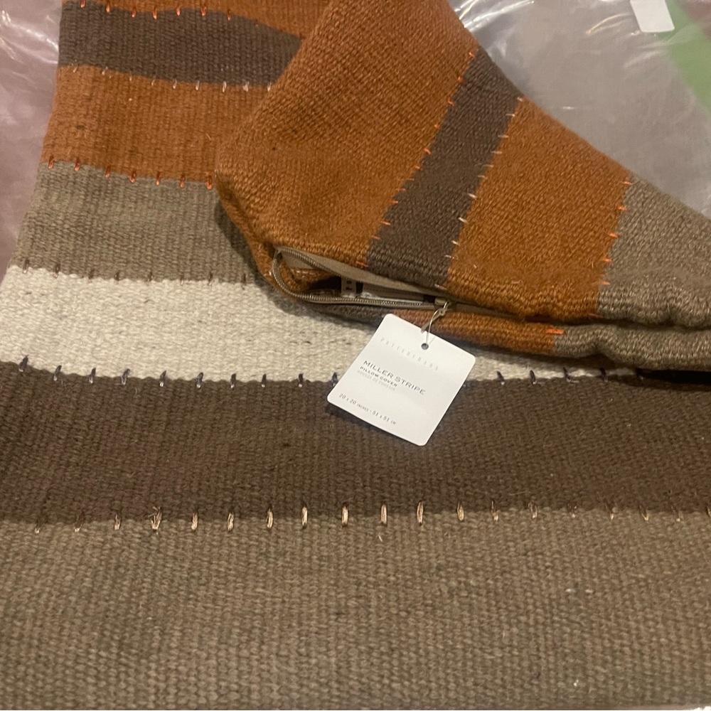 New Pottery Barn Miller Striped Handwoven Wool Pillow Cover, Warm Colors, 20” - Picture 2 of 16